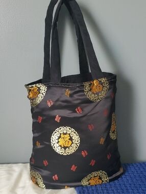 Reversible Black Satin Tote Bag with Gold & Red Embroidered Accents